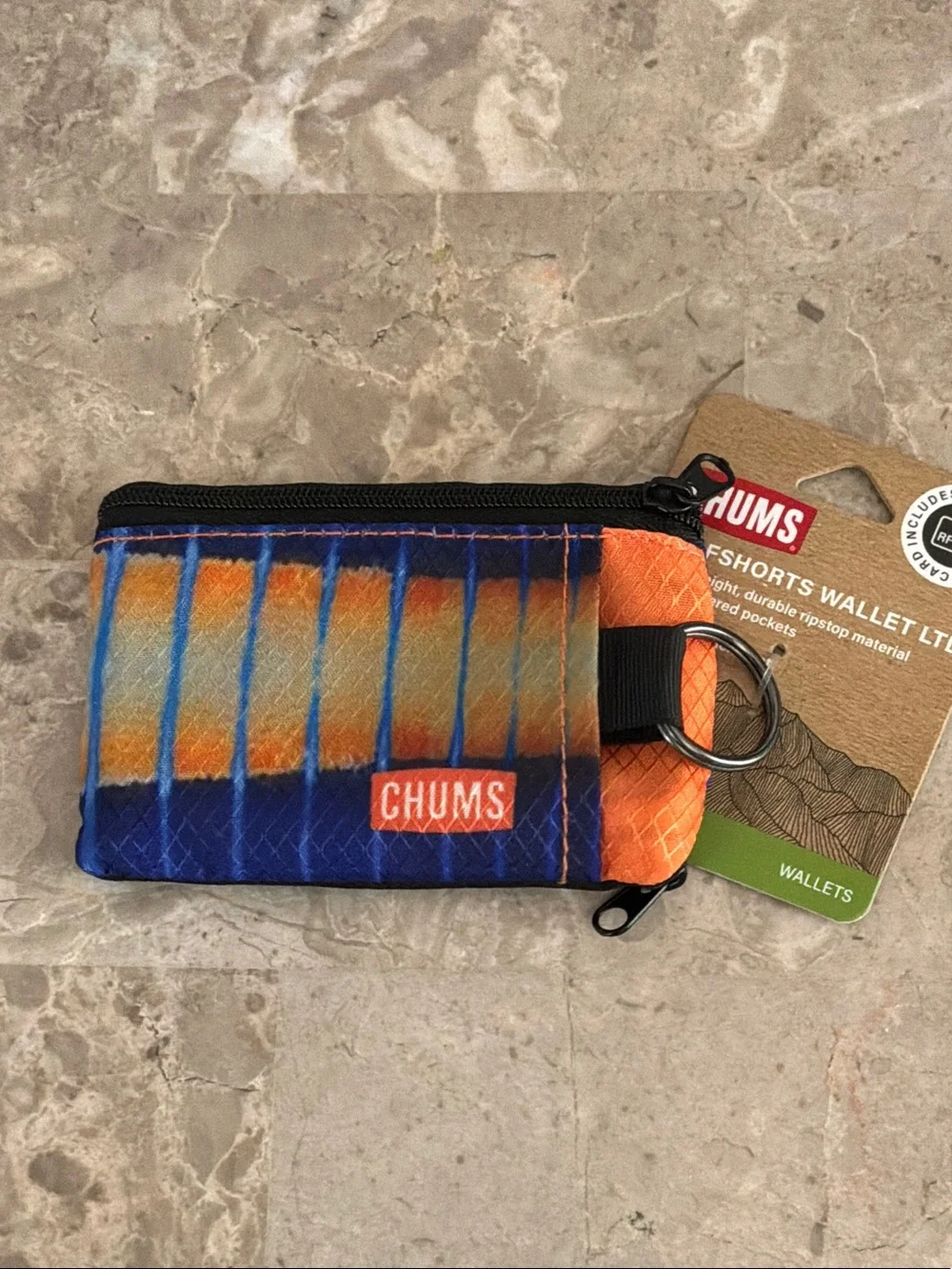 CHUMS Blue Orange Surfshorts Wallet with ID Window
